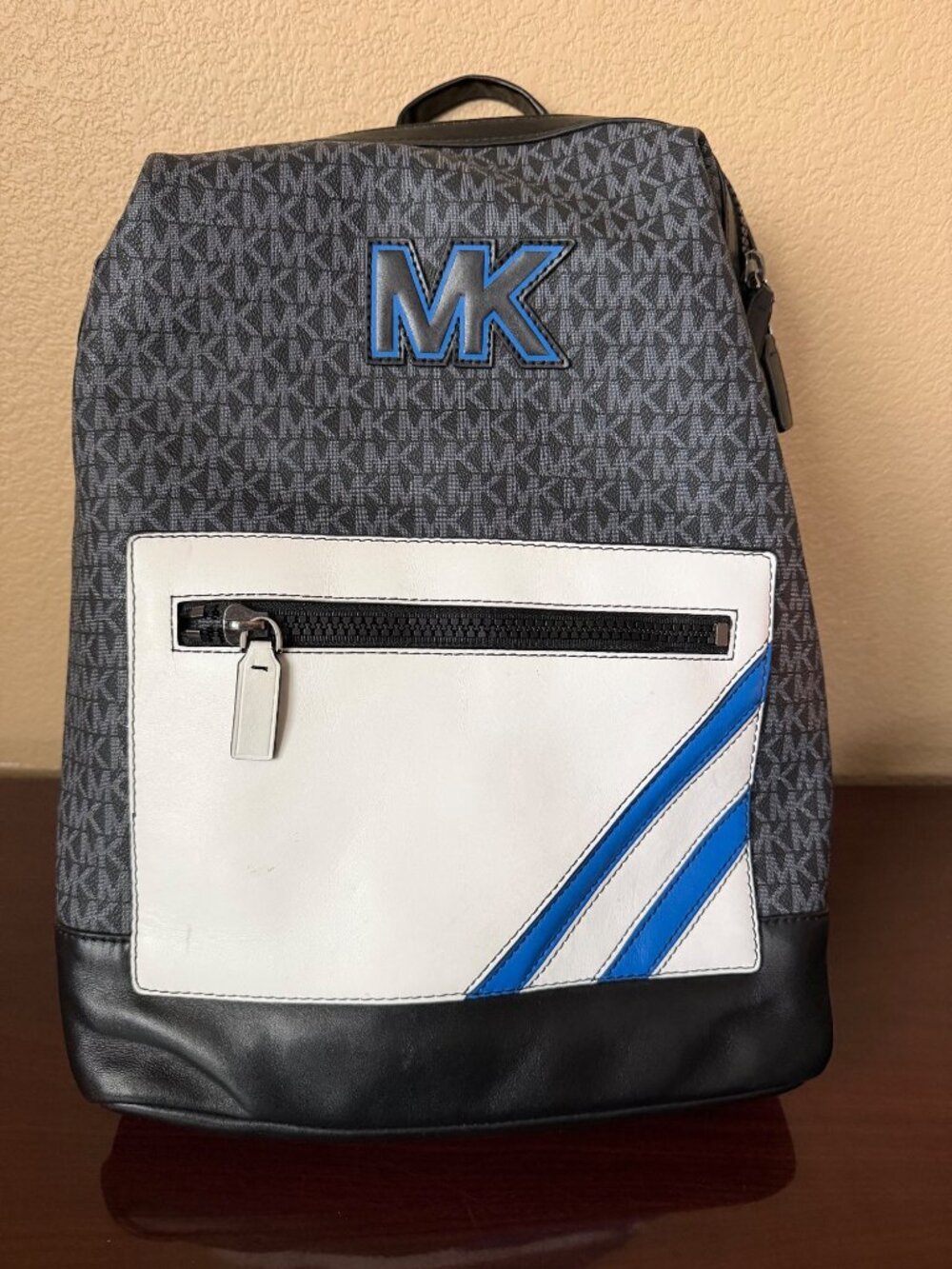 Michael Kors Cooper Graphic Logo Backpack Gray Black Blue Stripe Large 17"